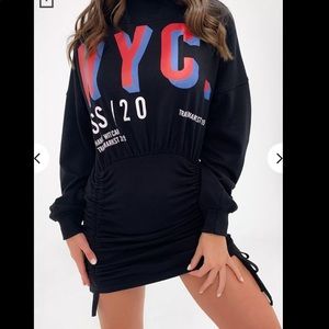 black ruched high neck nyc sweater dress